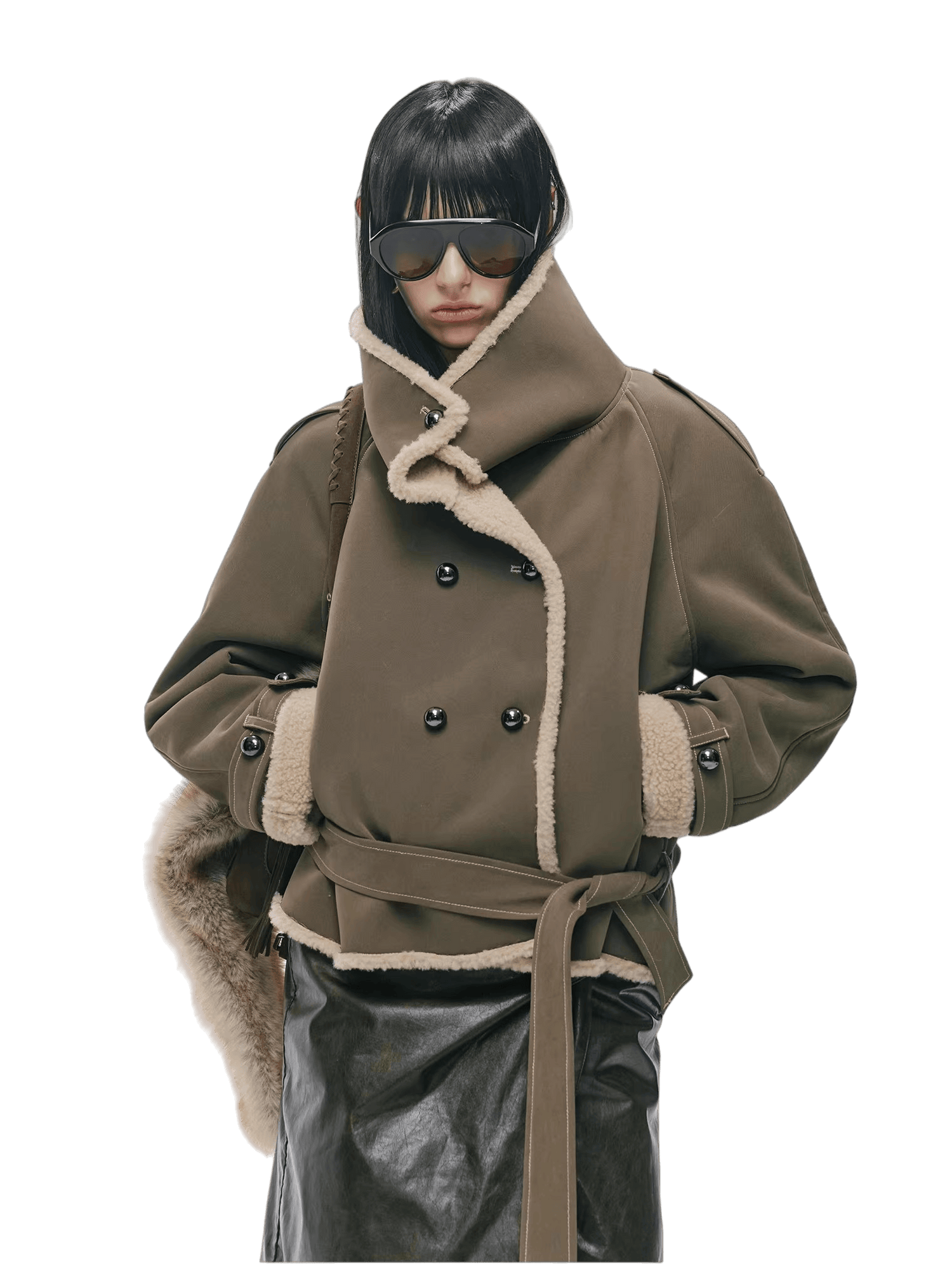 Contrast Fleece-Panelled Shearling Short Coat