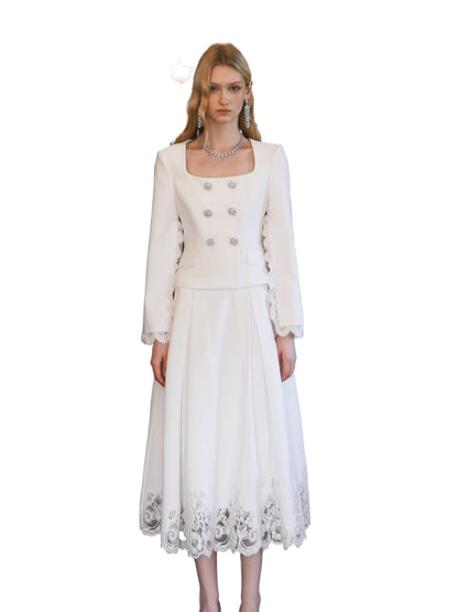 Mirage Vintage Lace-Collar Blazer &amp; Flared Skirt Set