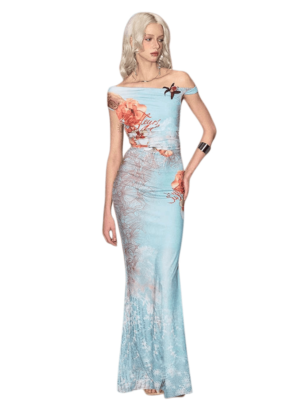 Off-Shoulder Printed Fitted Mermaid Maxi Dress