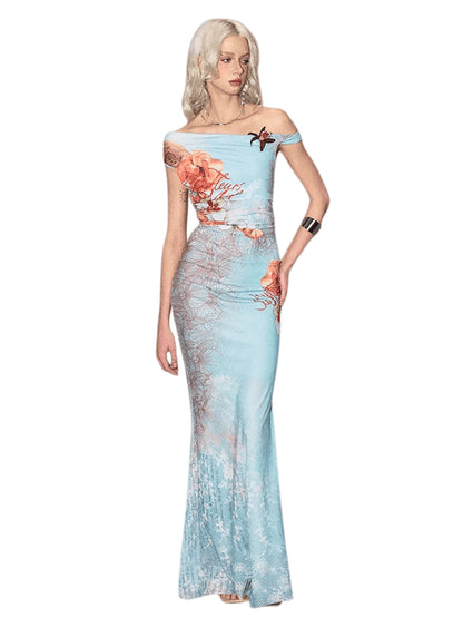 Off-Shoulder Printed Fitted Mermaid Maxi Dress