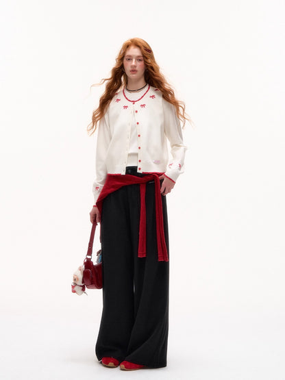 Lace-Trim Waist Tie Wide-Leg Pants