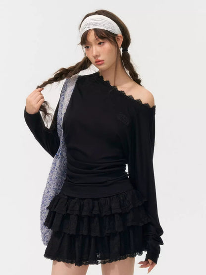 Asymmetric Shoulder Long-Sleeve Top
