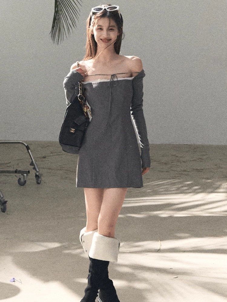 Slim-Fit Black Waist-Cinched Long-Sleeve Dress