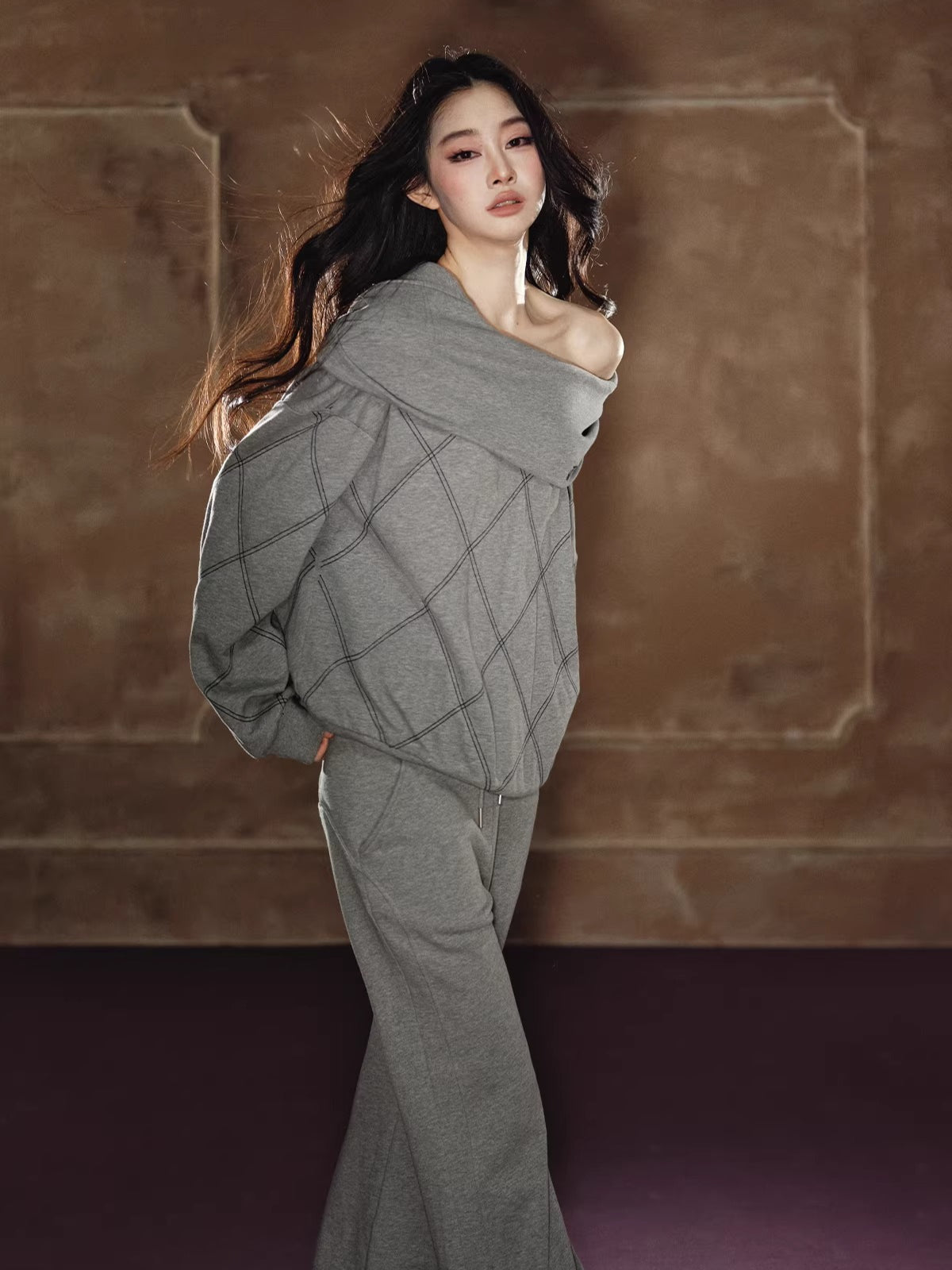 Off-Shoulder Sweatshirt &amp; Flared Wide-Leg Sweatpants Set