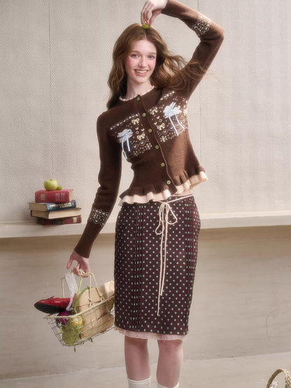 Fair Isle Knit Cardigan &amp; Polka Dot Skirt Set