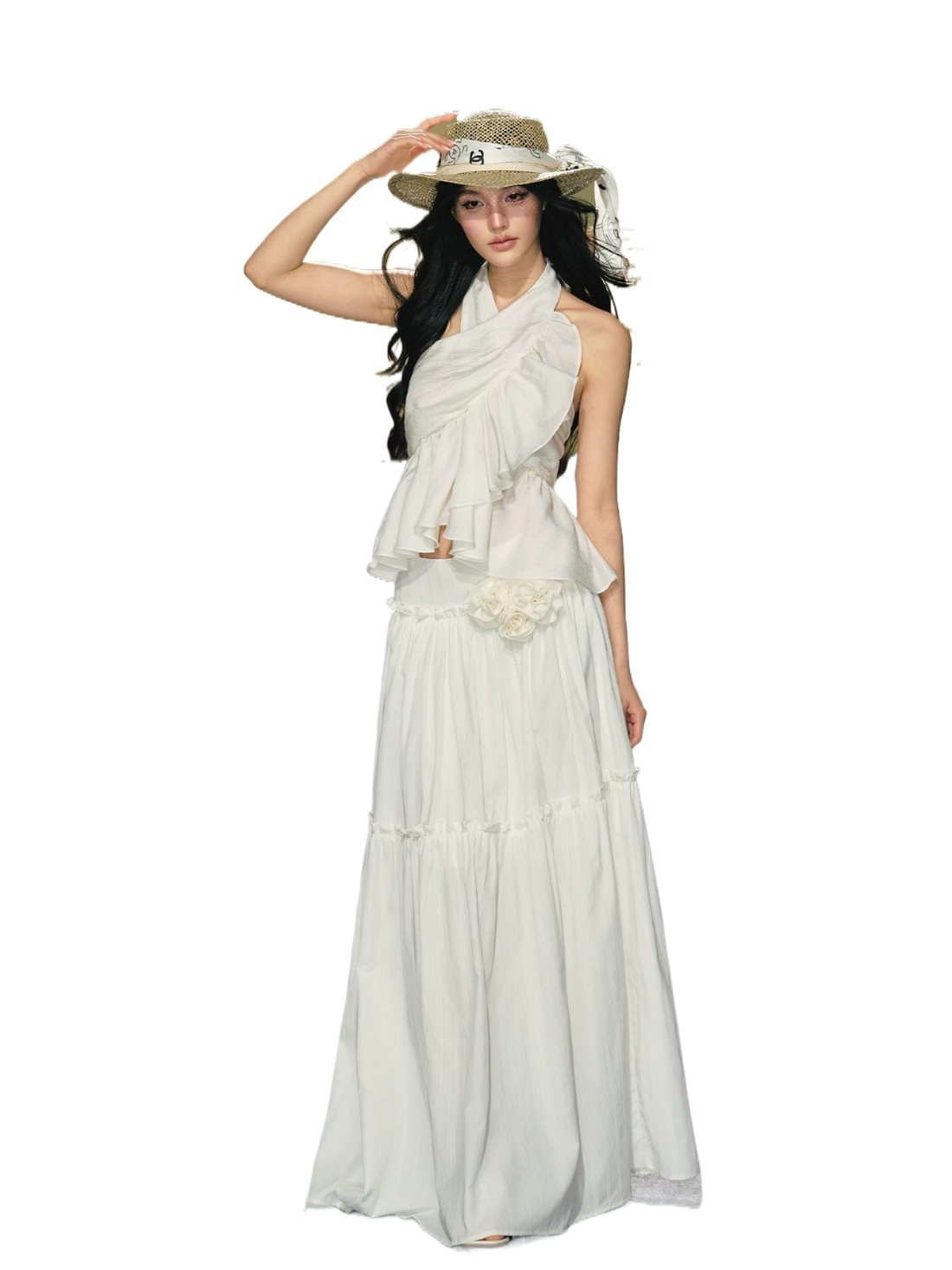 Lyocell Satin Ruffle Halter Top &amp; Floral Maxi Skirt Set
