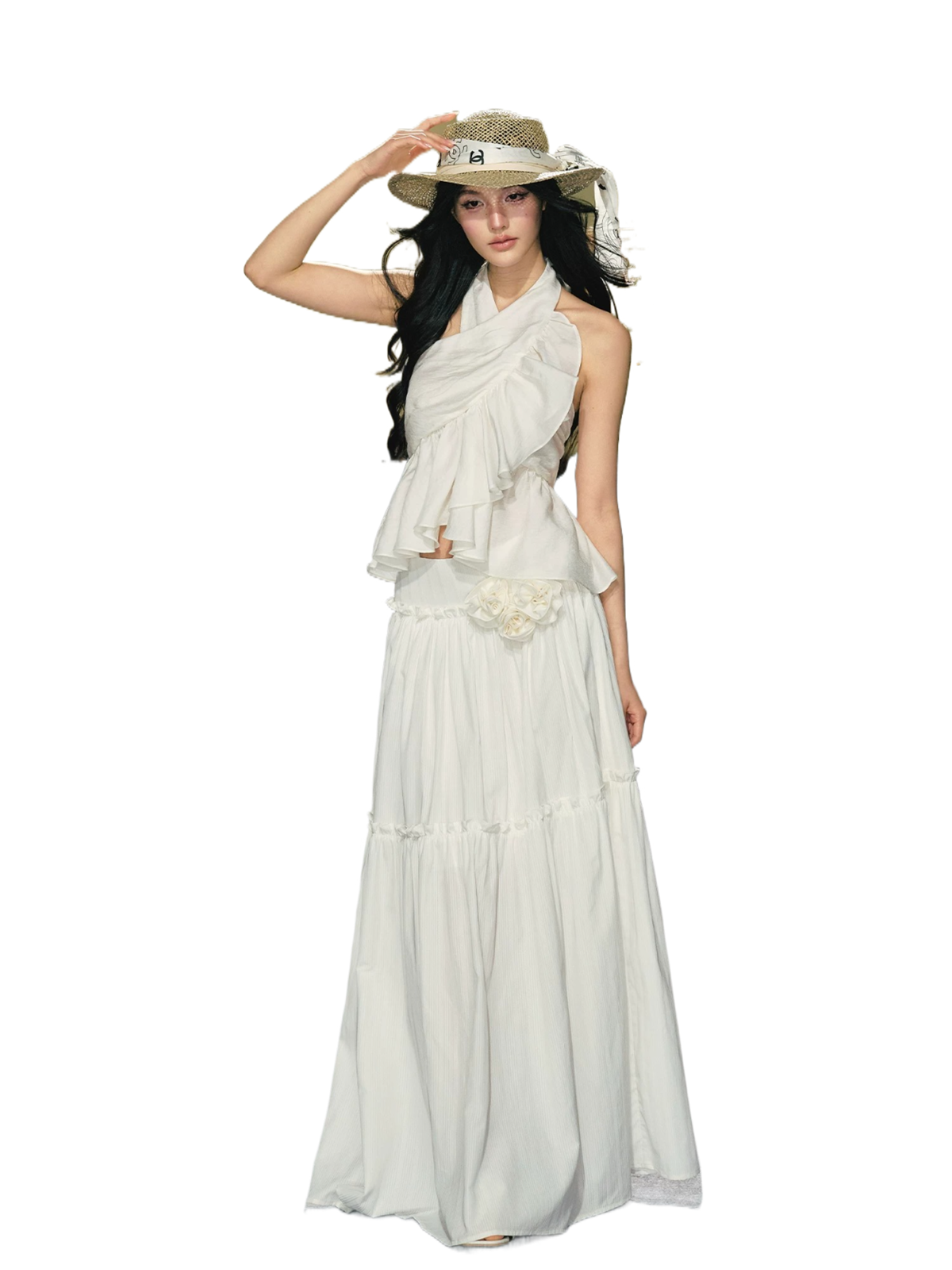 Lyocell Satin Ruffle Halter Top &amp; Floral Maxi Skirt Set
