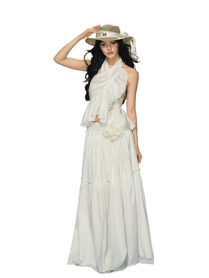 Lyocell Satin Ruffle Halter Top &amp; Floral Maxi Skirt Set