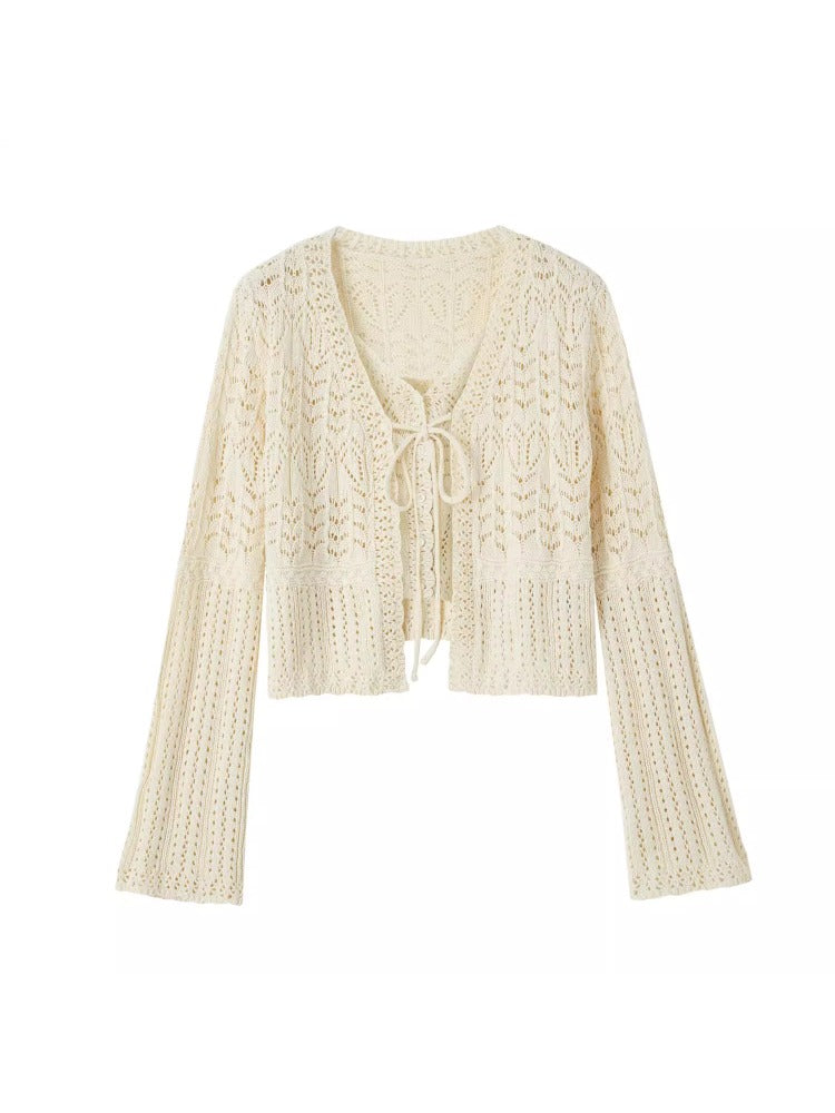 White Chunky Knit Openwork Cardigan Set