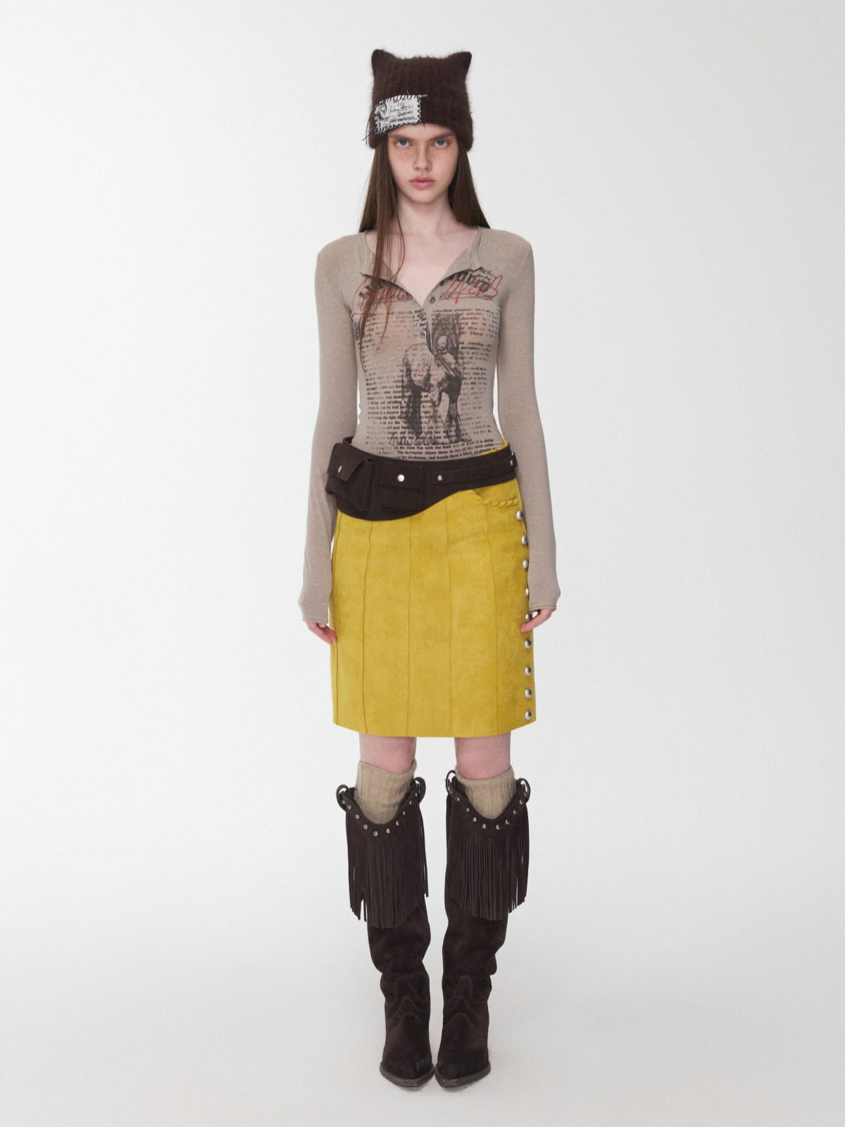 Henley Animal-Print Knitted Long Sleeves T-Shirt