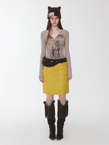 Henley Animal-Print Knitted Long Sleeves T-Shirt