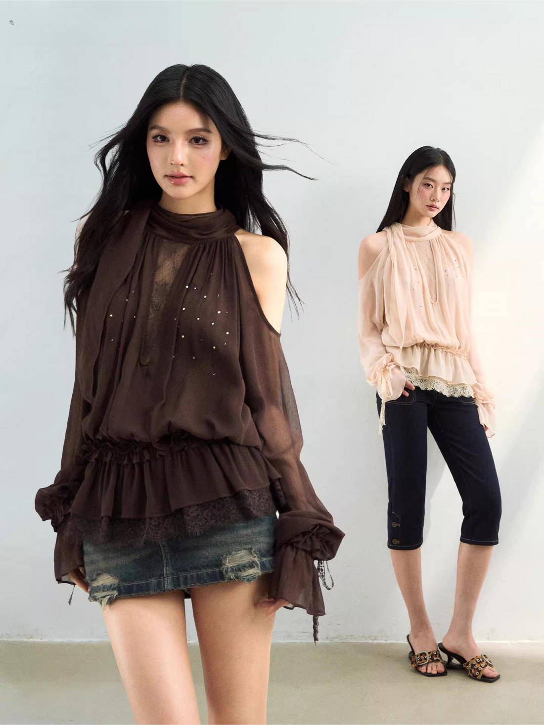 Rhinestone Sheer Chiffon Blouse