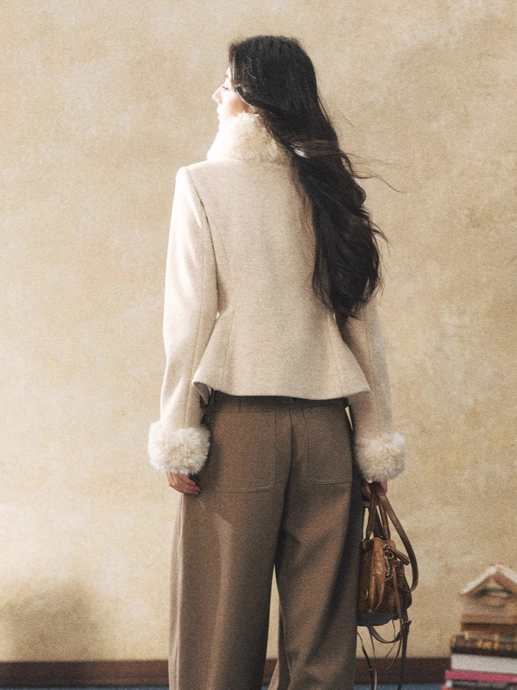 Detachable Fur-Collar Wool-Blend Jacket