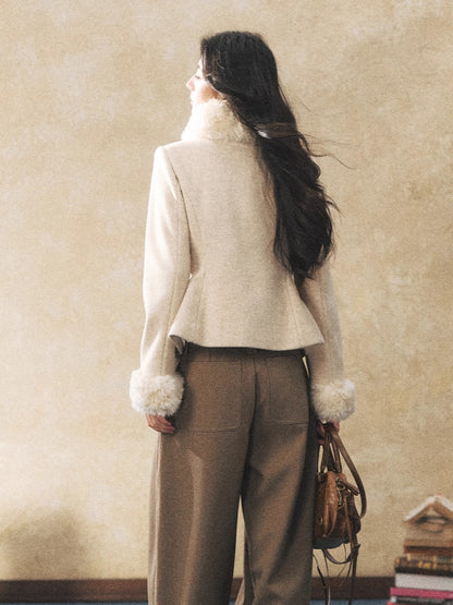 Detachable Fur-Collar Wool-Blend Jacket