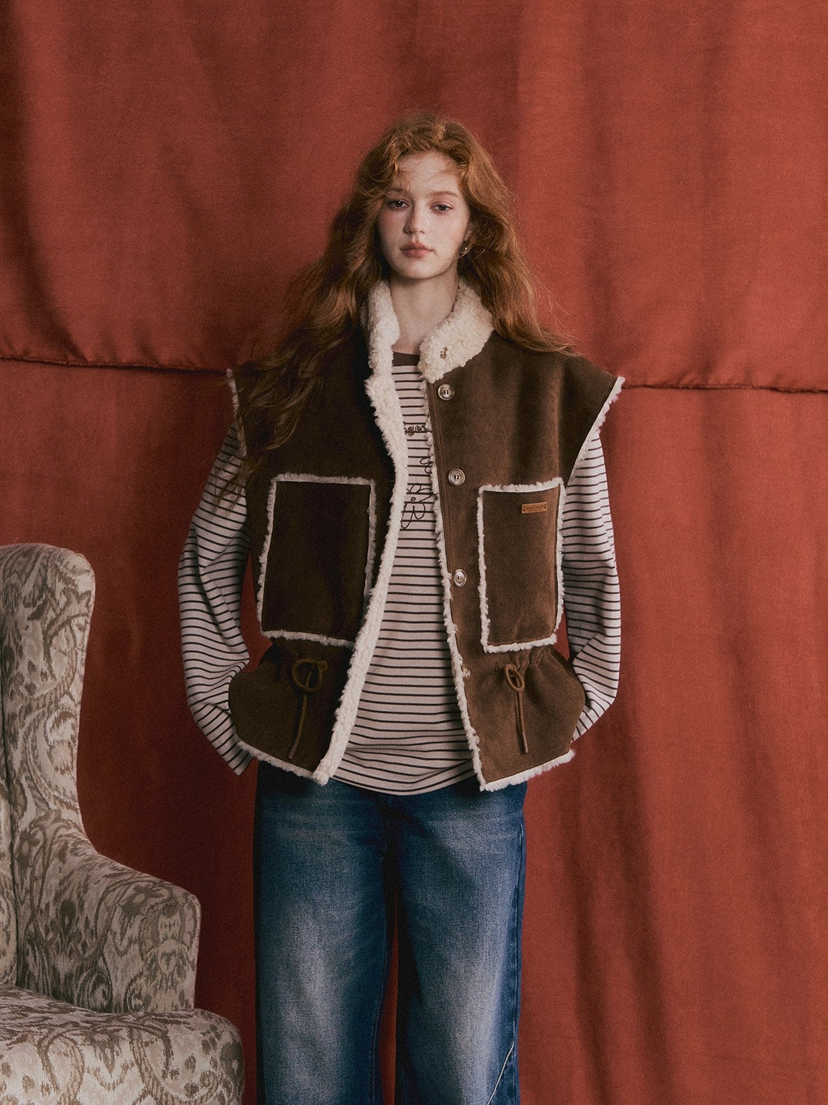 Reversible Faux Shearling Suede Drawstring Vest