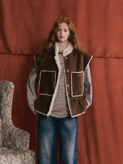 Reversible Faux Shearling Suede Drawstring Vest