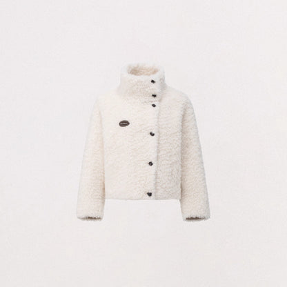 Shearling-Trim Stand-Collar Cropped Jacket