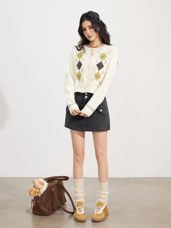 Hand-Stitched Argyle Knit Cardigan