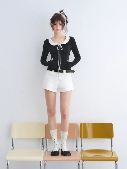 High-Waisted Straight-Leg Denim Shorts with Rolled Hem