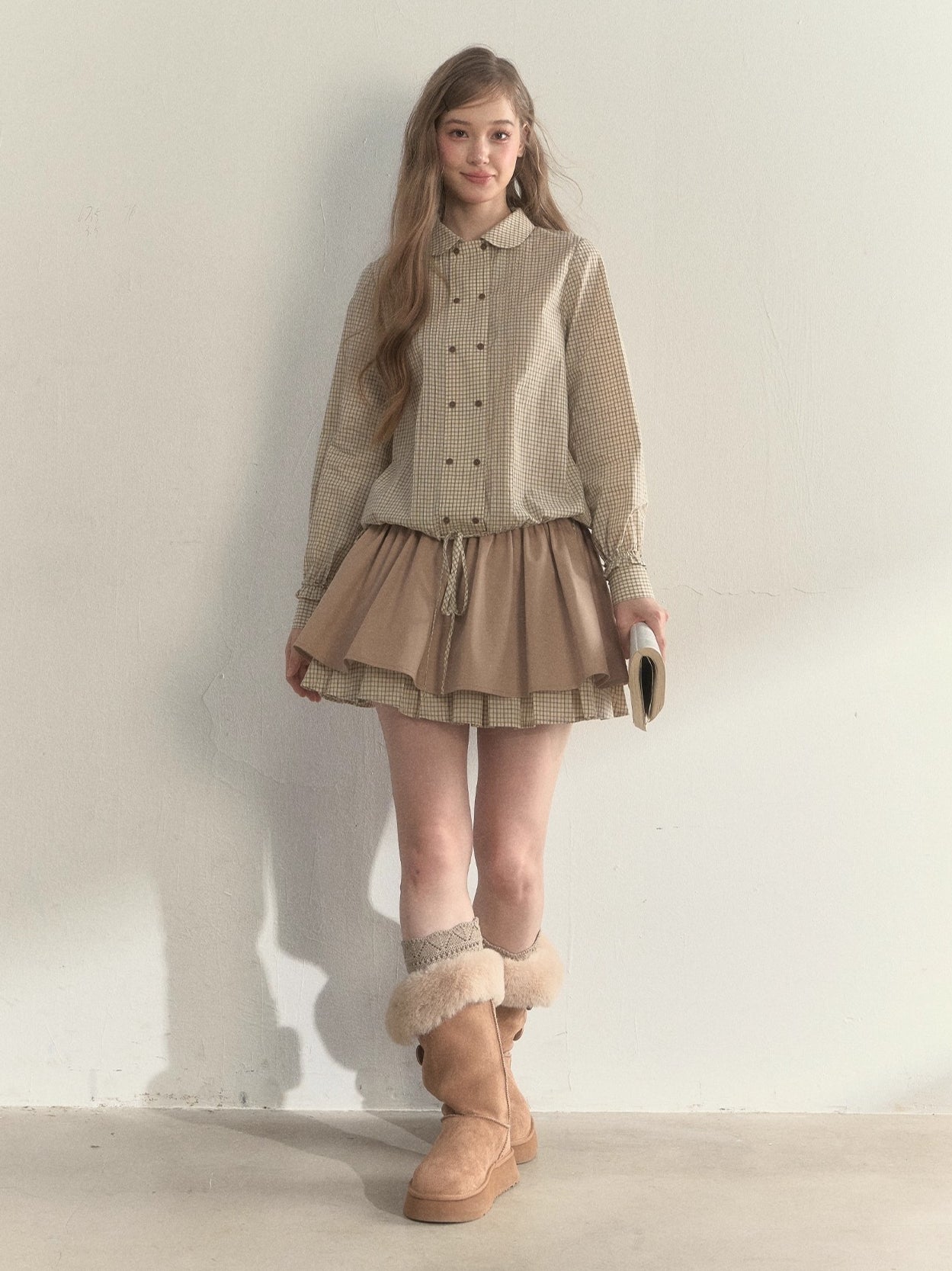 Retro Khaki Double-Layer Pleated Skirt