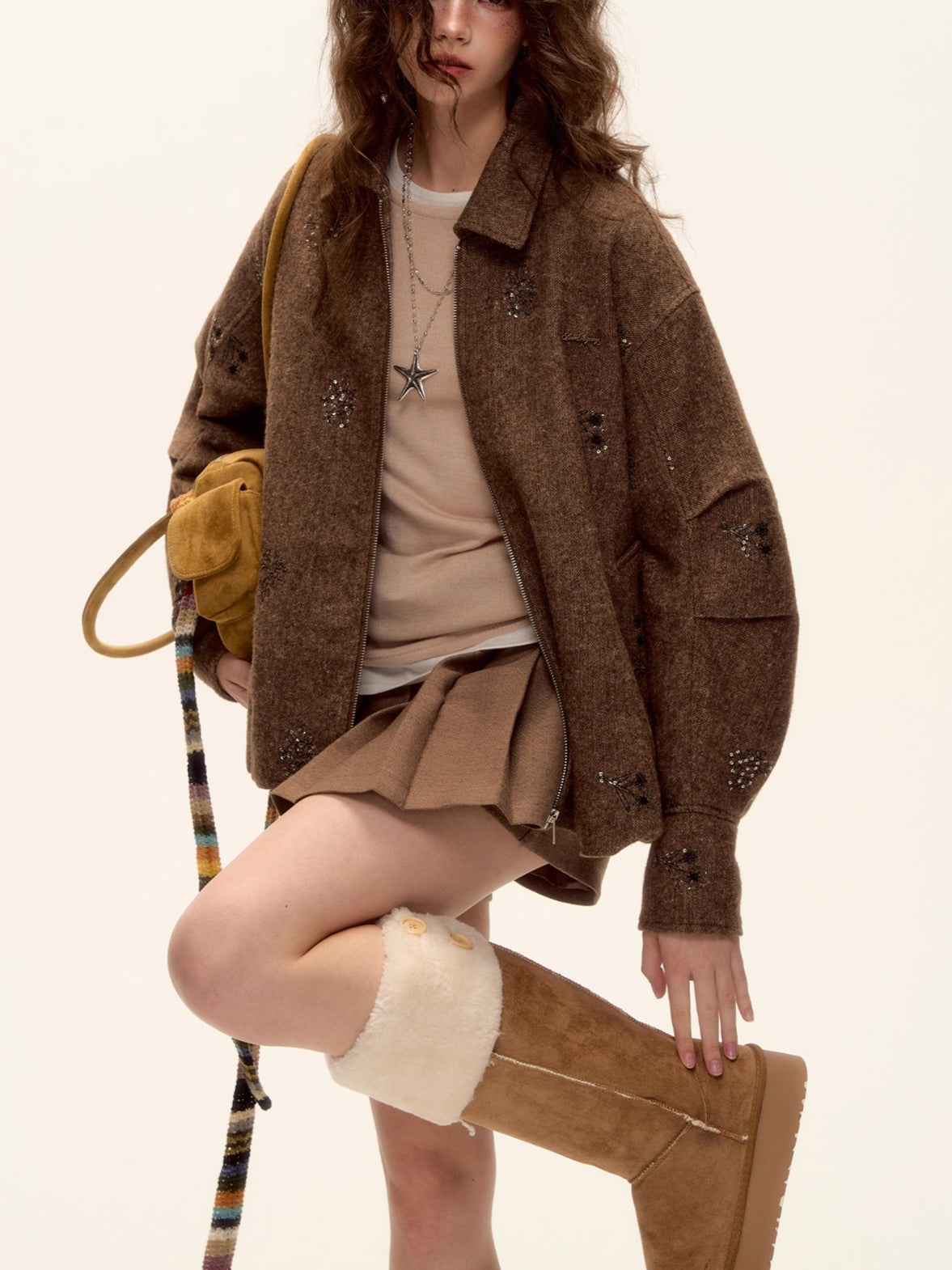 Sequin Embroidered Plaid Wool Blouson Jacket