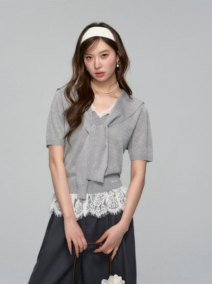 Lace Spliced V-Neck Knitted T-Shirt - CHINASQUAD