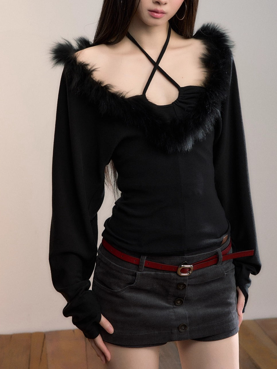 Fox Fur Panel Layered Knit V-neck