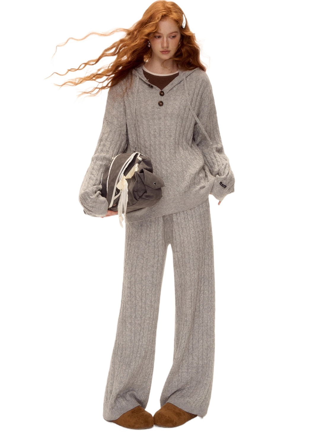 Wool Blend Cable Knit Hoodie &amp; Wide-Leg Pants Set