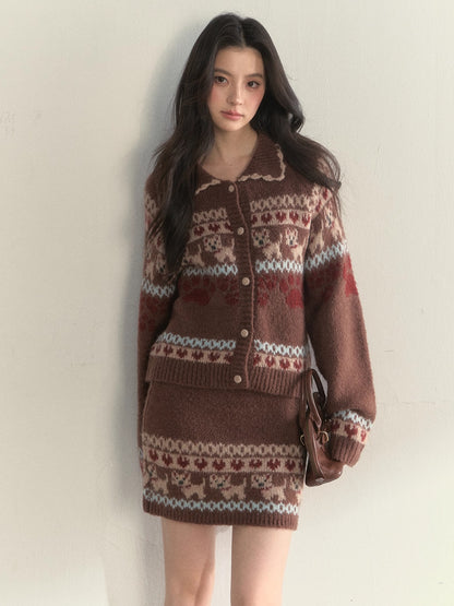 “Puppy Fair Isle” Vintage Knit Cardigan &amp; Skirt Set