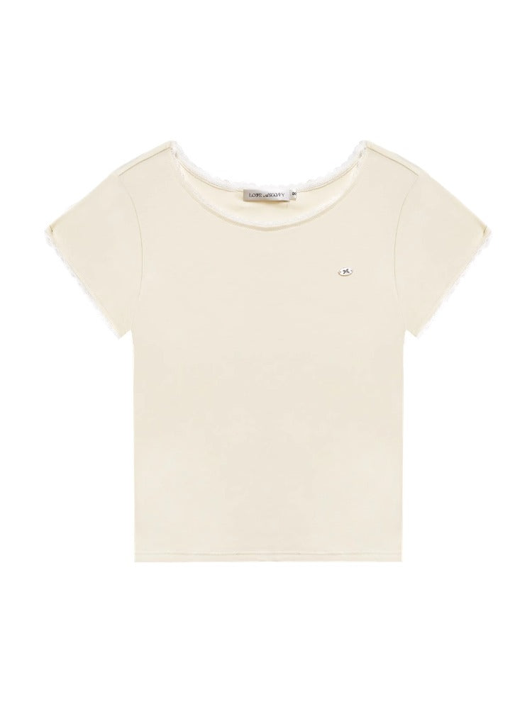 Shell Logo Lace Spliced Ruffled T-shirt