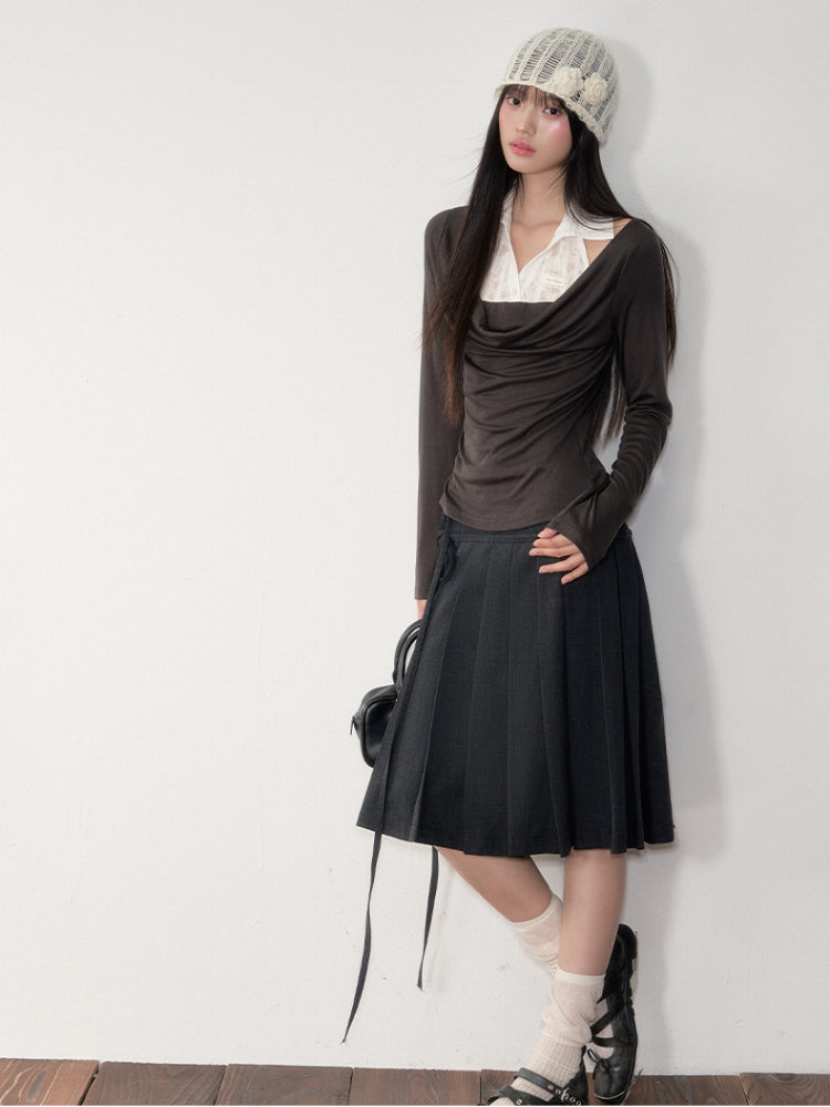 Dark Grey Tie-Waist Pleated Midi Skirt - CHINASQUAD
