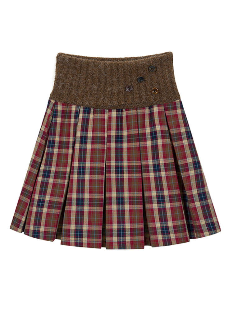 Patchwork Button Wool Pleated Skirt