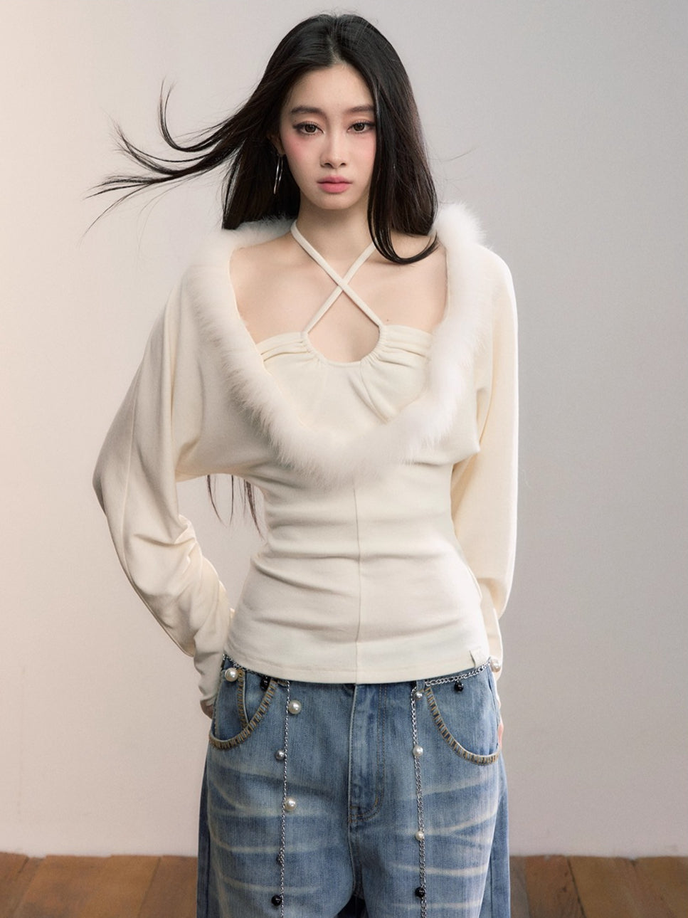 Fox Fur Panel Layered Knit V-neck