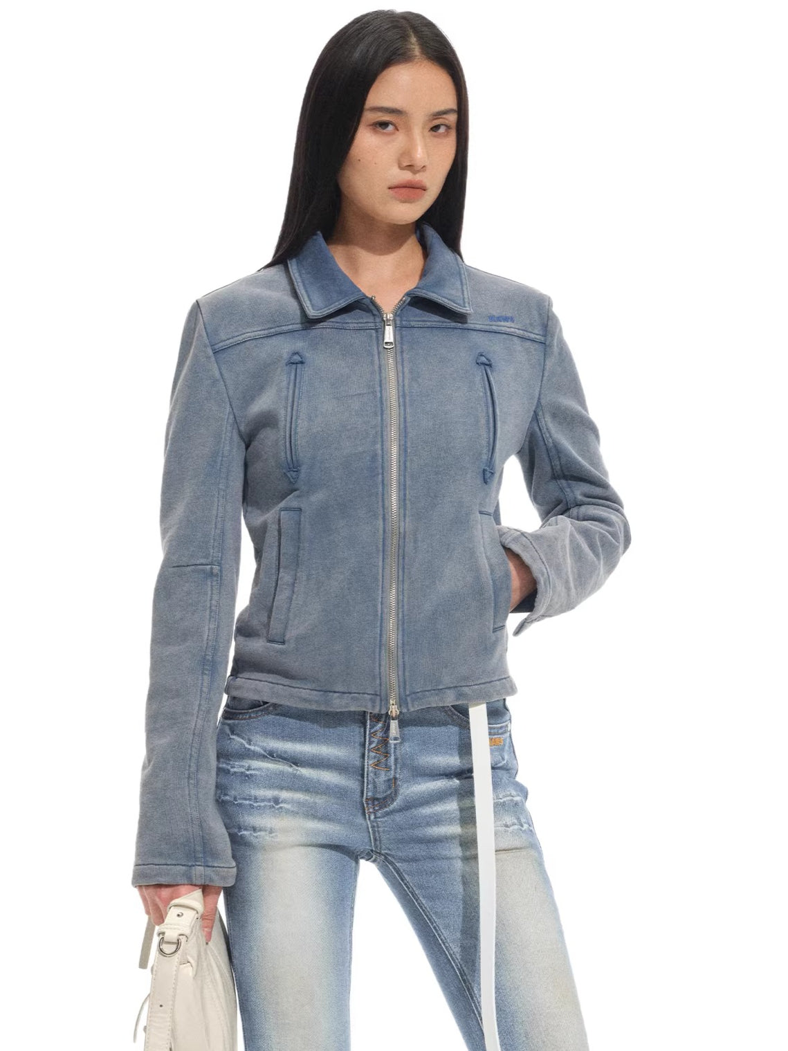 Classic Moto Collar Washed Cotton Knit Jacket