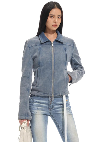 Classic Moto Collar Washed Cotton Knit Jacket