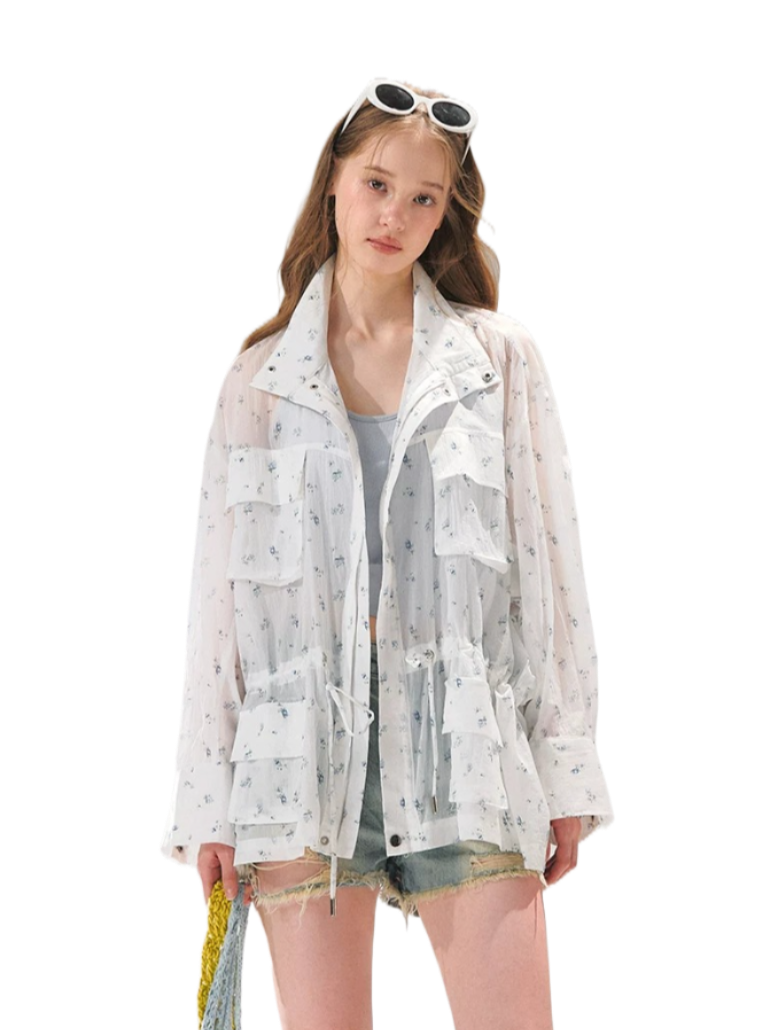Floral Sheer Batwing Sleeve Utility Jacket