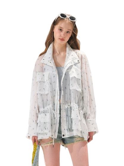 Floral Sheer Batwing Sleeve Utility Jacket