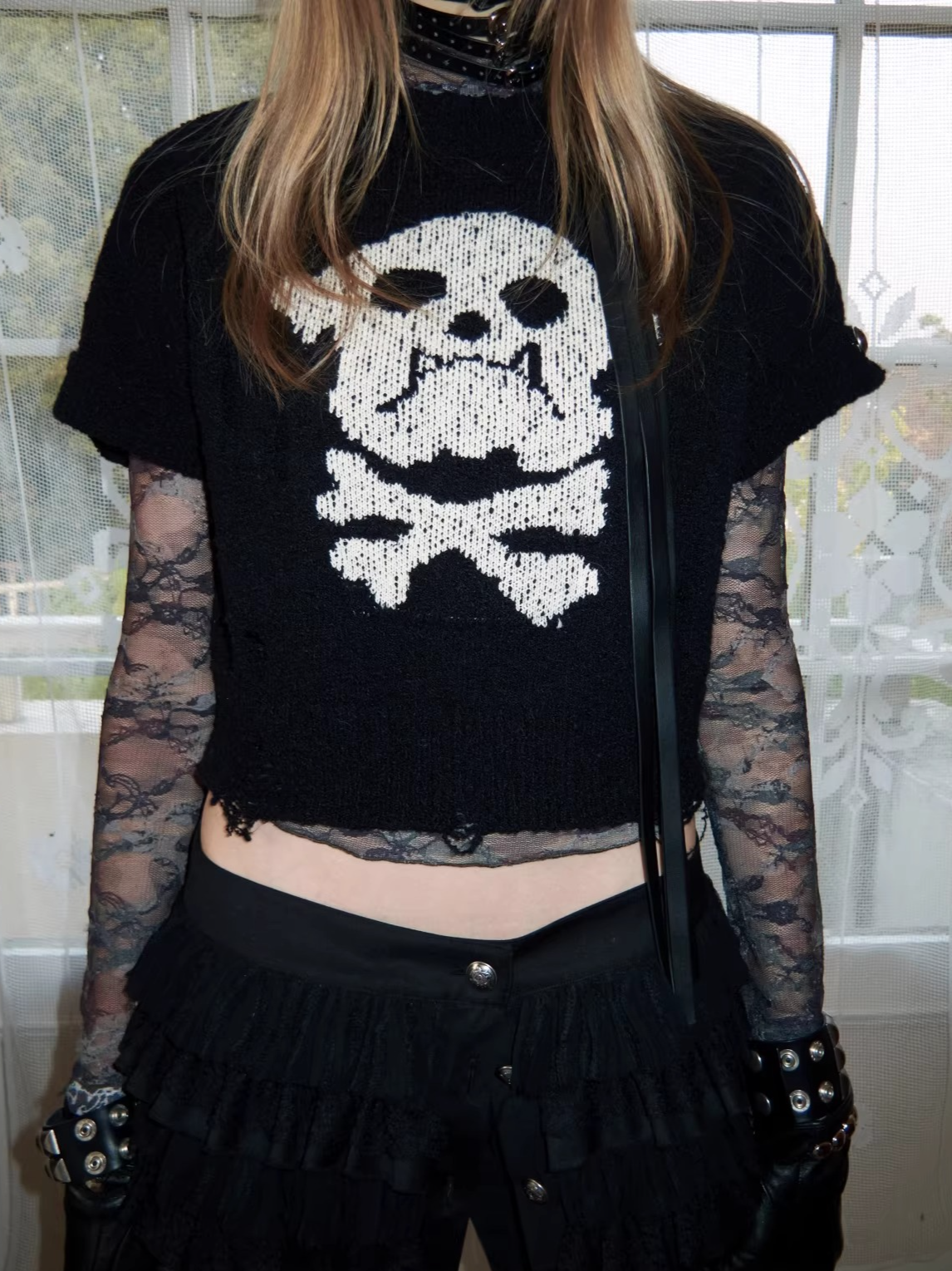 Skeleton Distressed Knit Short Sleeve Top