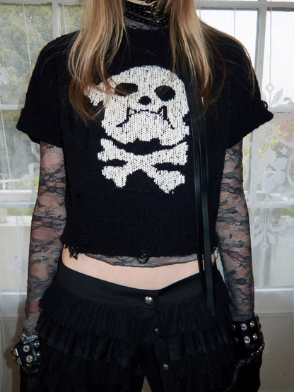 Skeleton Distressed Knit Short Sleeve Top