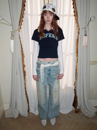 Layered Polo Long Sleeve Top with Faux Fur Collar