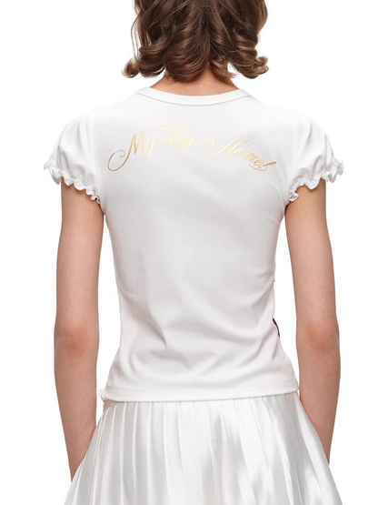 Rose Bow Puff Sleeve Fitted Essential T-Shirt
