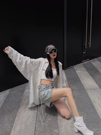 Embroidered Panel Oversized Cotton Shirt