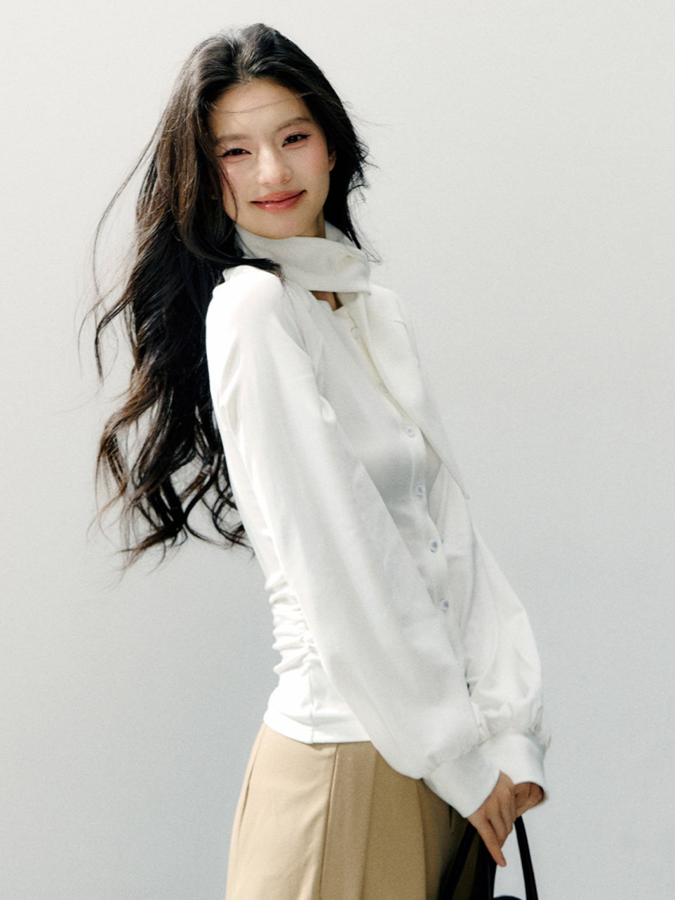 Scarf Collar Fitted Knit Long Sleeve Shirt