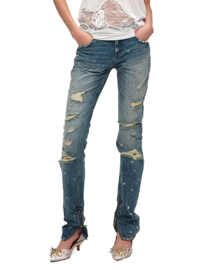 Classic Blue Distressed Slim-Fit Tapered Jeans