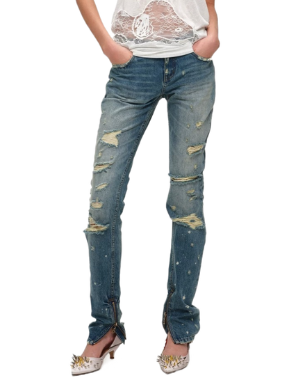 Classic Blue Distressed Slim-Fit Tapered Jeans