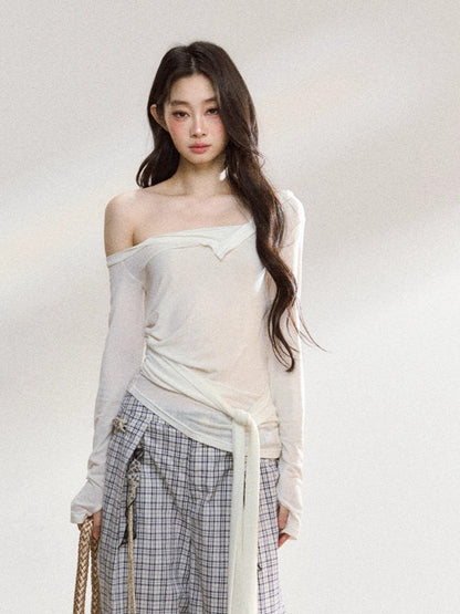 Asymmetric Shoulder Cross-Tie Knit T-Shirt