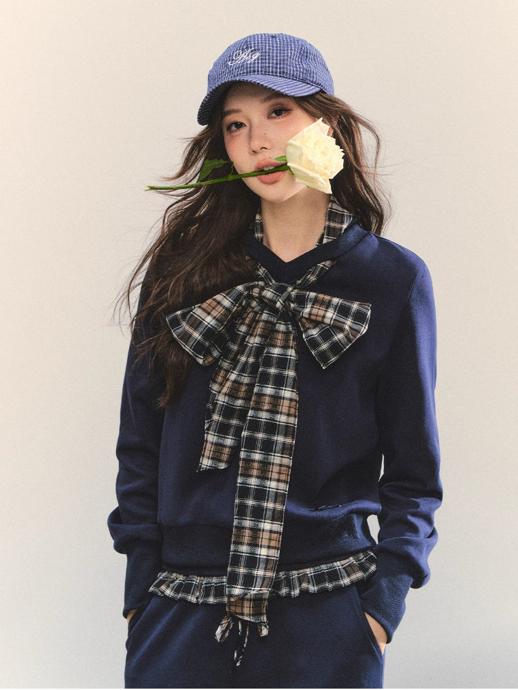 Plaid Bowknot Strappy Sweatshirt