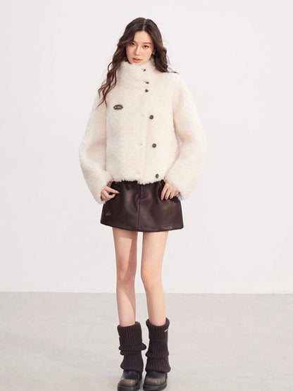 Shearling-Trim Stand-Collar Cropped Jacket