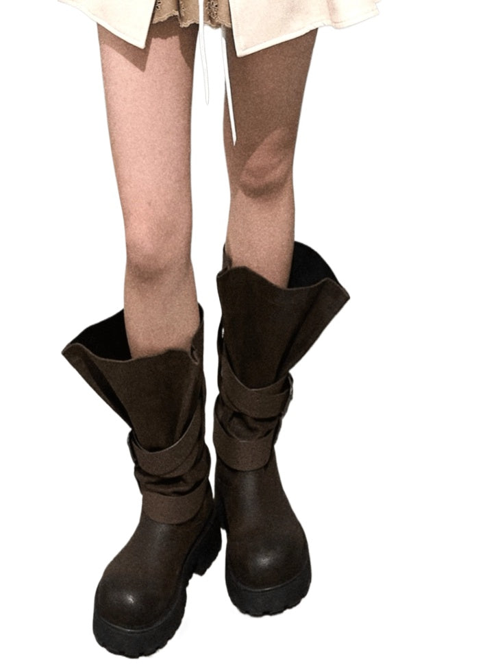 Vintage Petal-Tie Mid-Calf Leather Boots