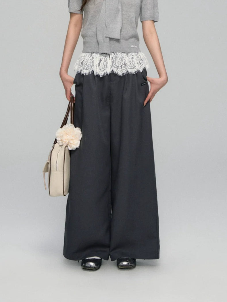 Waistband Lace-spliced Faux Two-piece Long Pants
